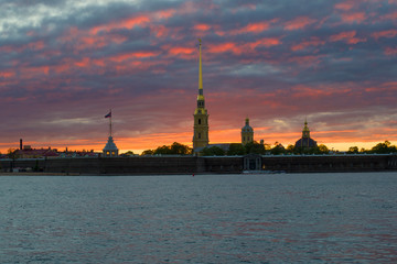 Peter and Paul Fortress against the backdrop of a mystical sunset. Saint-Petersburg, Russia