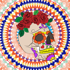 bright illustration with a skull, a symbol of the traditional Mexican holiday Day of the dead and the Day of angels