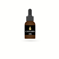 Marijuana, cannabis, hemp oil. Realistic brown glass bottle with cannabis extract. Icon product