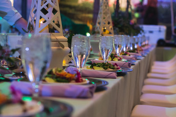 Elegant Plates and Crystal Wine Glasses set at Long Tables during an Event with Purple lighting