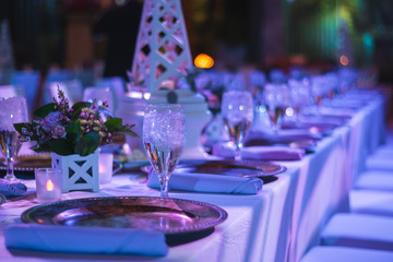 Elegant Plates and Crystal Wine Glasses set at Long Tables during an Event with Purple lighting