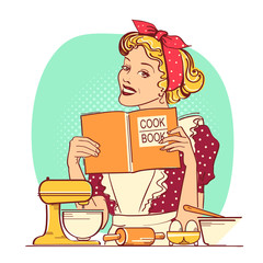 Young woman cooking and holding cook book in her hands on kitchen room.Reto style color illustration with speech bubble for text