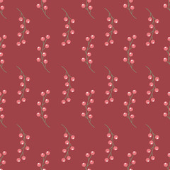 Cute seamless Scandinavian pattern with red holly berries. Pastel colours. Red background. Flat style vector illustration.