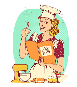 recommend clip art: Young woman chef in retro style clothes cooking and holding cook book in her hand in the kitchen room. Vector vintage background for text