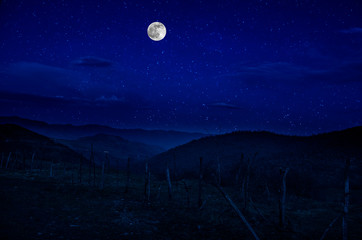 Naklejka na ściany i meble Mountain Road through the forest on a full moon night. Scenic night landscape of country road at night with large moon. Long shutter photo