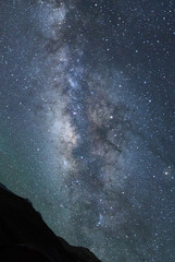starry night with milkyway galaxy highlighted, mountains in the foreground 