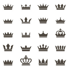 Crown icons. Queen king crowns luxury royal crowning princess tiara heraldic winner award jewel royalty monarch black flat, vector set