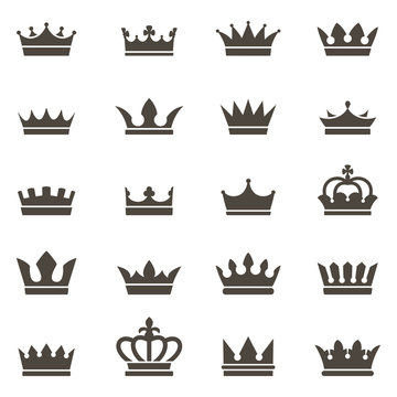 Crown icons. Queen king crowns luxury royal crowning princess tiara heraldic winner award jewel royalty monarch black flat, vector set