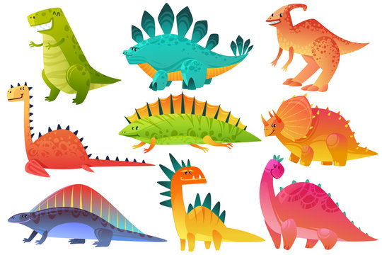 Cute dino. Dinosaur dragon wild animals character nature happy kids pterosaur brontosaurus dinos figure jungle cartoon vector icons