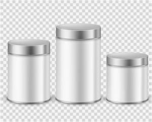 Metal tin can container. Template packaging dry products tea coffee sugar cereals spice powder rounded cans mockup. Realistic vector