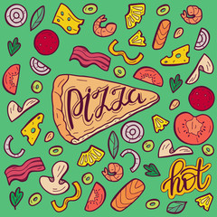 Vector color image of pizza. Slices with various ingredients. Hand drawn vector illustration.