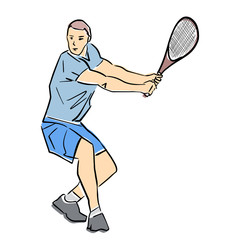 Male tennis player with racket. Vector flat illustration. Isolated black contour and colors. Colorful abstract cartoon. Athlete in active pose. Man is playing tennis. Professional sport or hobby.