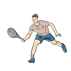Male tennis player with racket. Vector flat illustration. Isolated black contour and colors. Colorful abstract cartoon. Athlete in active pose. Man is playing tennis. Professional sport or hobby.
