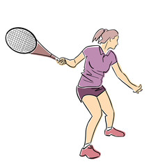 Obraz na płótnie Canvas Female tennis player with racket. Vector flat illustration. Isolated black contour and colors. Colorful abstract cartoon. Girl is playing tennis. Athlete in active pose. Professional sport or hobby.