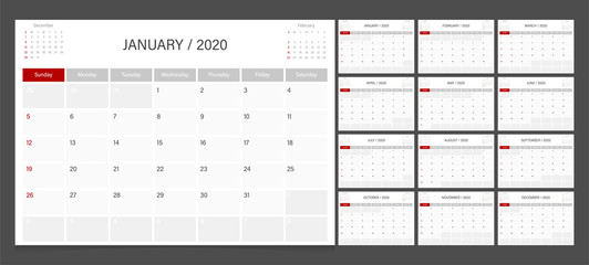 2020 calendar planner design template vector week start Sunday..