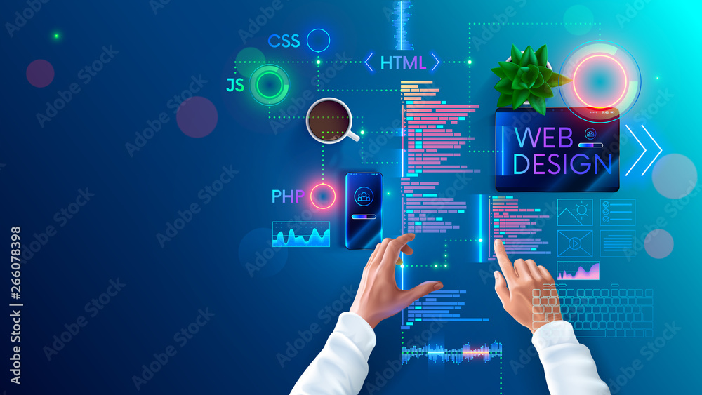 Fototapete Web design and coding in internet page development languages. Designer develops site layout in programming languages and scripts. Banner concept of process of creating mobile Internet websites.