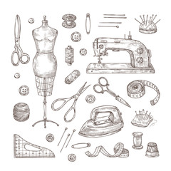 Sewing sketch. Tailor shop hand drawn sewing tool material vintage clothes needlework stitching dressmaker vector isolated items. Dressmaking illustration elements spool and pin