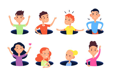 Hiding hole kids. Cute joking children boys and girls hide in floor holes flat vector illustration. Child and kid hide in hole cartoon