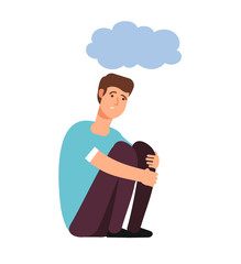 Depressed man. Depression concept homeless upset ashamed afraid lonely person sadness shame gloomy guy cartoon vector. Lonely person depression, alone man upset illustration