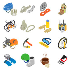 Mountain travel icons set. Isometric set of 16 mountain travel vector icons for web isolated on white background