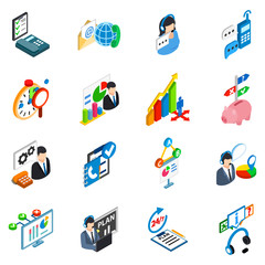 Service support icons set. Isometric set of 16 service support vector icons for web isolated on white background