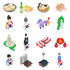 Korea icons set. Isometric set of 16 korea vector icons for web isolated on white background