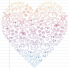 Vector set of beautiful round icons icons in doodle style. Painted, colorful, gradient on a piece of linear paper on white background.