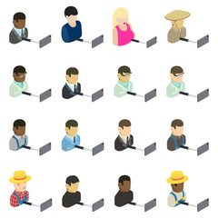 Selfie icons set. Isometric set of 16 selfie vector icons for web isolated on white background