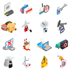 Hacking electricity icons set. Isometric set of 16 hacking electricity vector icons for web isolated on white background
