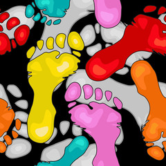creative artistic seamless pattern with colorful footprints, variations of human soles on nice grayscale blurred background, ideal for print, textile, web, and other designs, eps10 vector illustration - 266080318