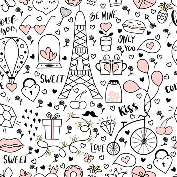 Seamless pattern with hand drawn objects for Valentines day.