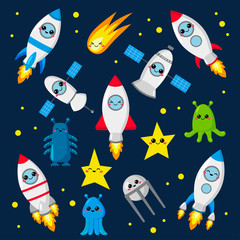 Kawaii vector set of cute rockets, aliens, comet, stars and satellites. Cartoon style. For nursery. Space theme.