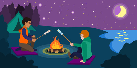Friend cook marshmallow on fire near lake concept background. Flat illustration of friend cook marshmallow on fire near lake vector concept background for web design