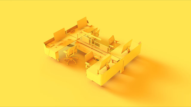 Yellow Traditional 4 Desk Office Setup 3d Illustration 3d Rendering