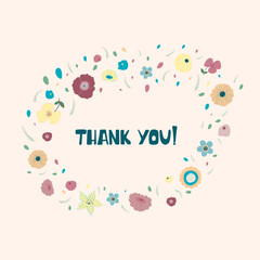Bouquet frame of flowers with Thank you hand lettering. Print with flowers for a card, a holiday, a wedding. Vector