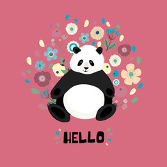 Panda on hand drawn flower background. Hello handwritten lettering. Cute panda with a bouquet for a poster, postcards, t-shirt. Flowers and leaves composition. Cute cartoon whale with flowers- Vector