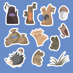 Cosy cute autumn sticker pack: leaves, mushrooms, stumps, bags, hedgehog and sparrow. Cartoon style illustration. Vector.