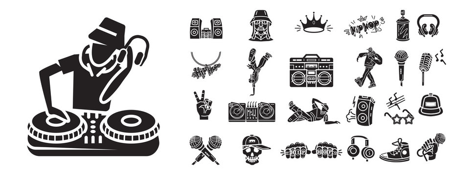 Hiphop icons set. Simple set of hiphop vector icons for web design on white background