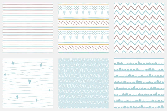 Baby Boy Shower Blue Collection Hand Drawn Seamless Pattern Set Blue Simple Textured Background Vector Collection