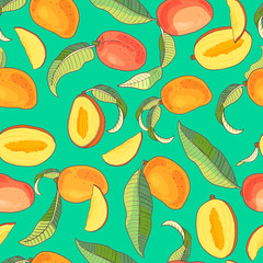 Mango.Seamless pattern with yellow and red tropical fruits and pieces on green