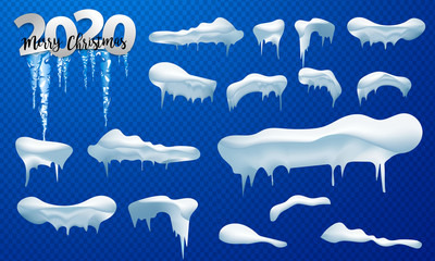 2020 Snow caps, snowballs and snowdrifts set. Snow cap vector collection. Winter decoration element. Snowy elements on winter background. Cartoon template. Snowfall and snowflakes in motion.