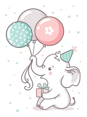Fotobehang Dieren met ballon Schattige babyolifant zit en houdt een ballonballon vast. Wenskaart met een schattig tekenfilmdier