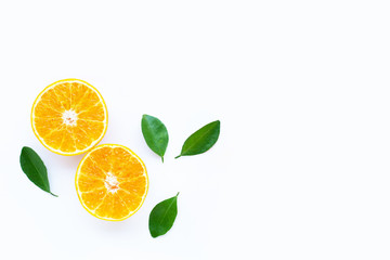 High vitamin C, Orange fruits with leaves on white background.