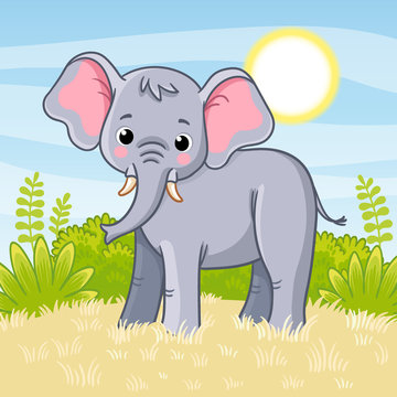 Elephant stands in the savannah. Vector illustration.