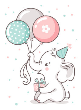 Cute baby elephant sits and holds a balloon balloons. Greeting card with a cute cartoon animal