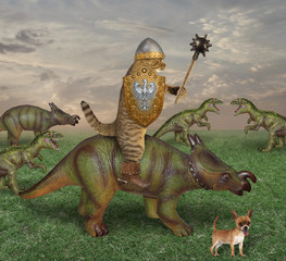 The cat warrior with a spiked mace and a shield riding a dinosaur is on the battlefield. His dog is...