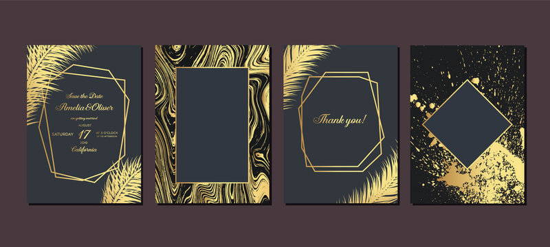 Gold wedding invitation with tropical leaves.  Luxury wedding invitation cards with gold marble texture and geometric pattern vector design template.
