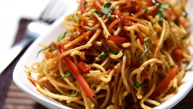 Chinese Bhel Is A Spicy Indo-chinese Recipe, Served In A Bowl. Selective Focus