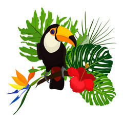 Vector illustration of a bright bird cartoon toucan on a tropical leaves and flowers. Colorful icon...