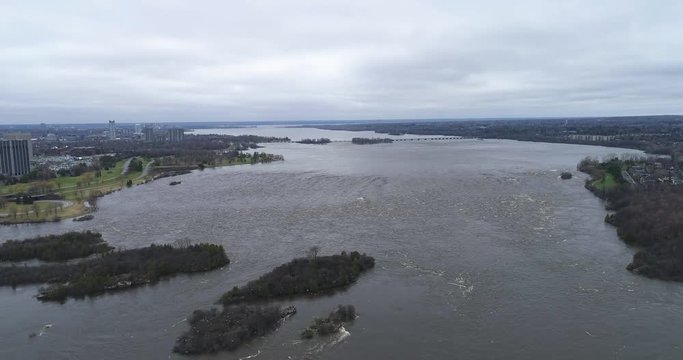 Drone footage over the Ottawa river facing the Champlain Bridge during the 2019 Ottawa Flood.